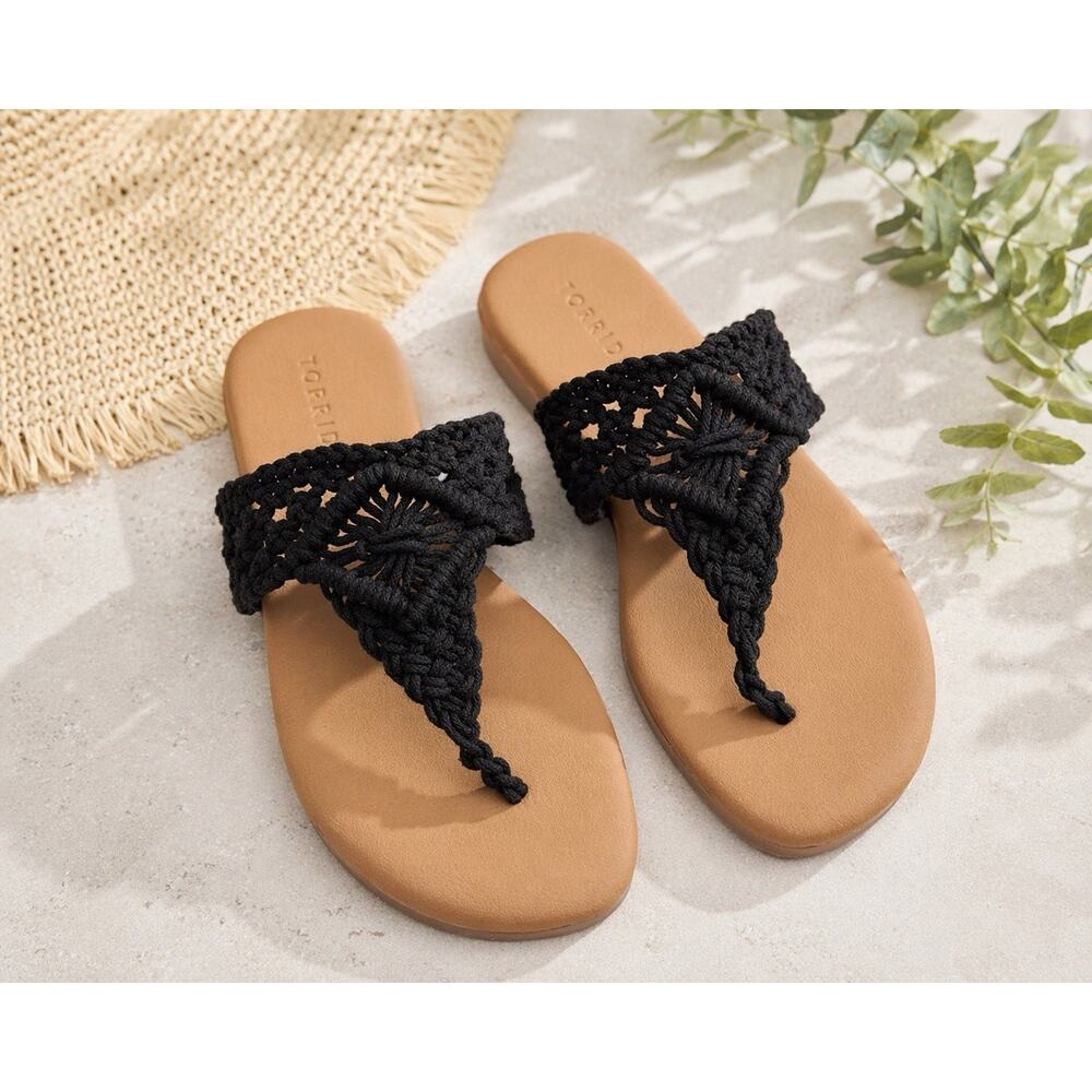 Torrid Crochet T Strap Slide Sandals Black WW Wide Boho Summer 6 Comfort Coastal